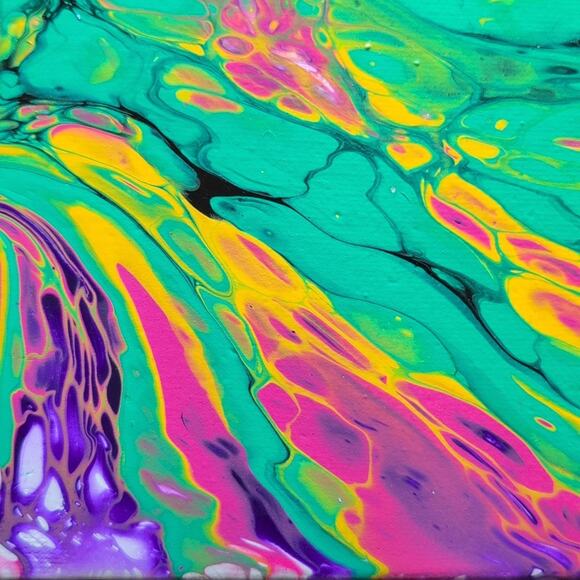 Handmade Acrylic Fluid Art  Bloom Pink Green Purple  Stretched Canvas 10"×10" - Picture 5 of 7